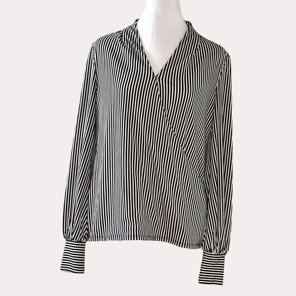 Adrianna Papell Faux Wrap Slinky Knit Blouse Stripe V-Neck Black White S - Picture 1 of 6